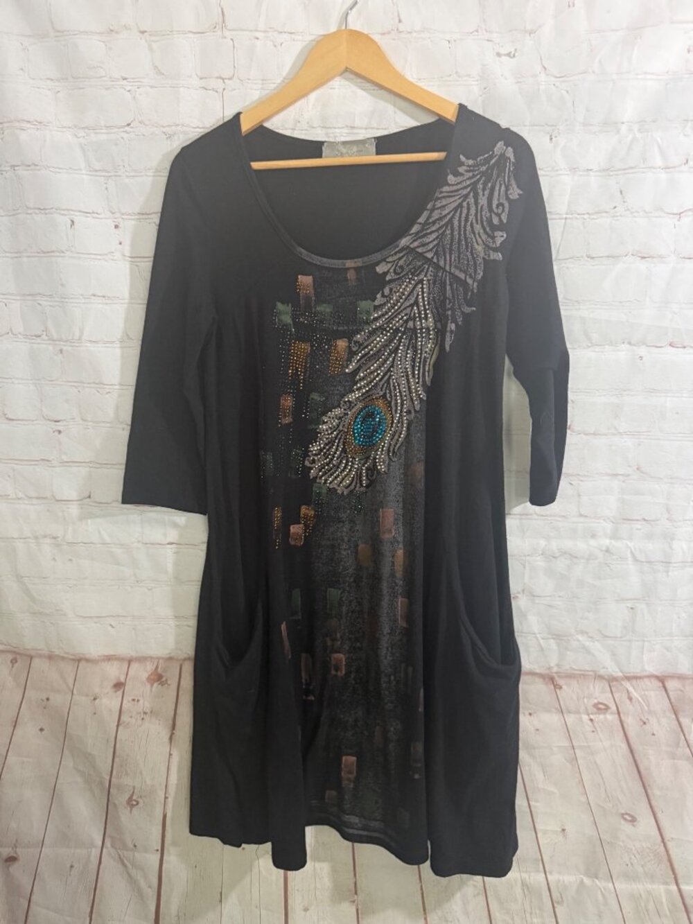Cover Charge Tunic Dress Womens Size Medium Black 3/4 Sleeve Casual Top